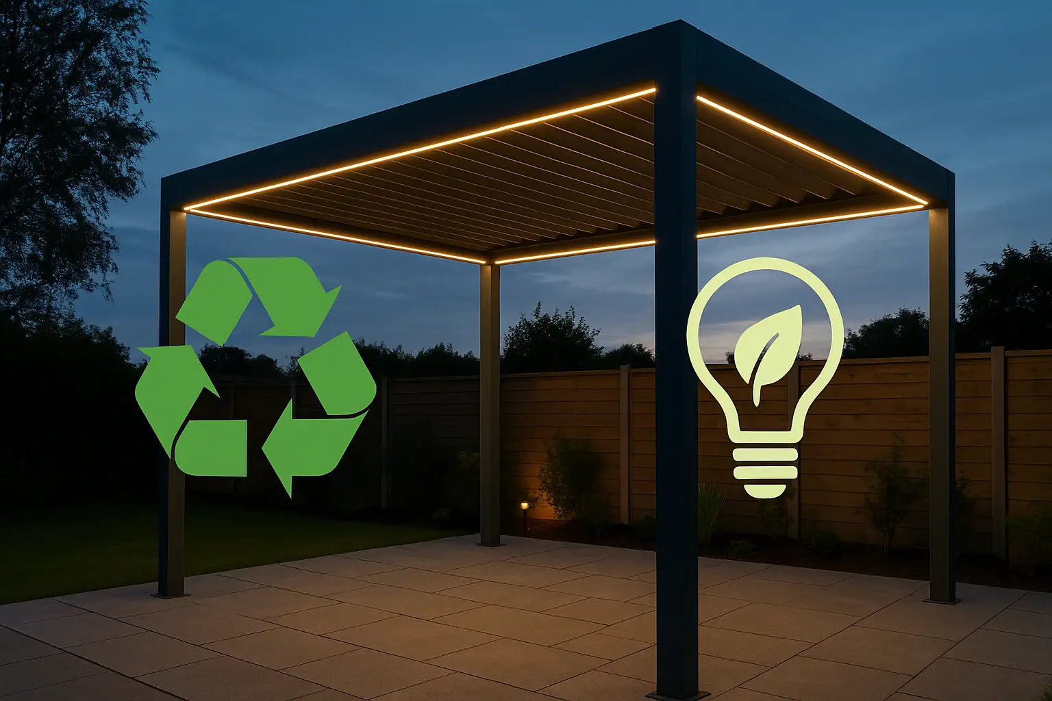 Modern aluminium pergola with LED lighting in a backyard at dusk, highlighting energy-efficient and eco-friendly features.