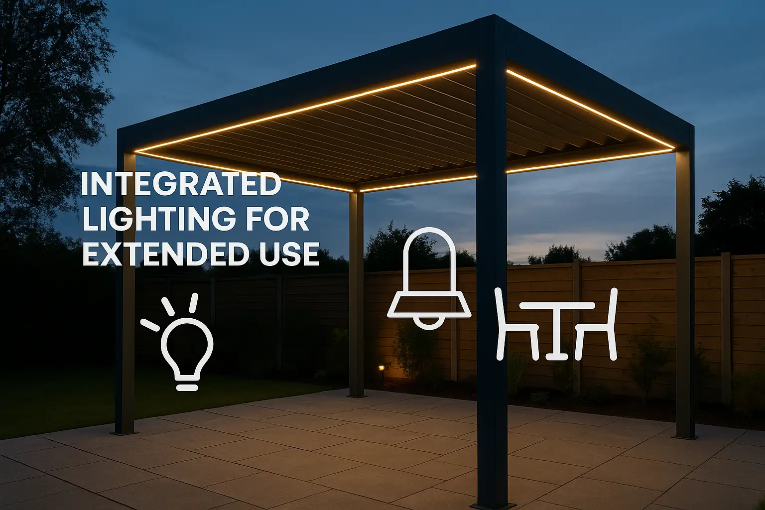 "Modern pergola with lighting featuring integrated LED strips, illuminating an outdoor patio area at dusk for extended evening use."